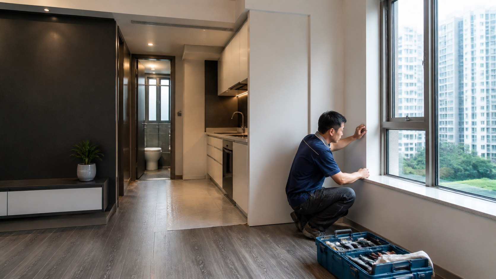 香港住宅裝修完成階段，工程人員正檢查窗邊封口及防水細節